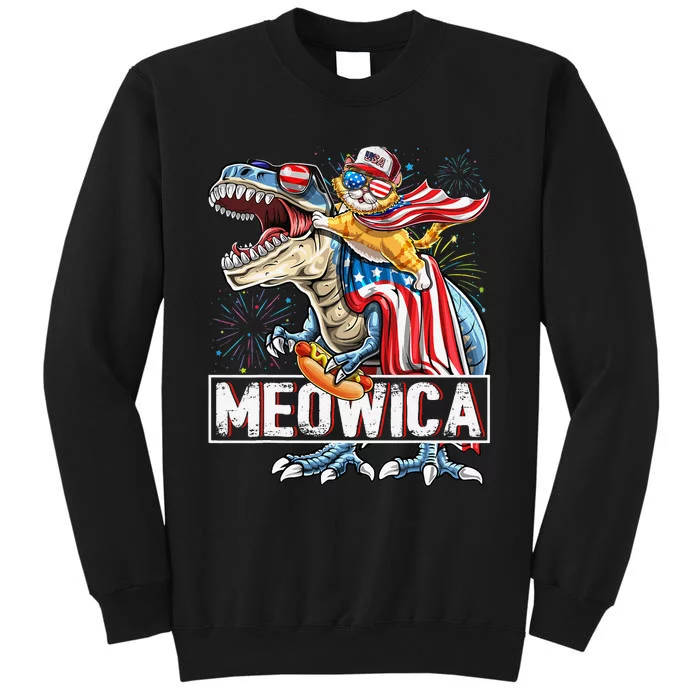 Meowica Cat T Rex Dinosaur 4th of July American Flag Tall Sweatshirt