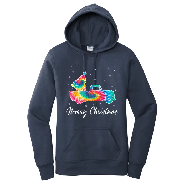 Merry Christmas Truck Tree Tie Dye Funny Holiday Girls Wo Women's Pullover Hoodie