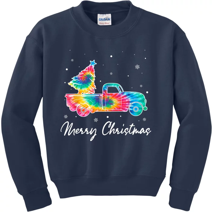 Merry Christmas Truck Tree Tie Dye Funny Holiday Girls Wo Kids Sweatshirt