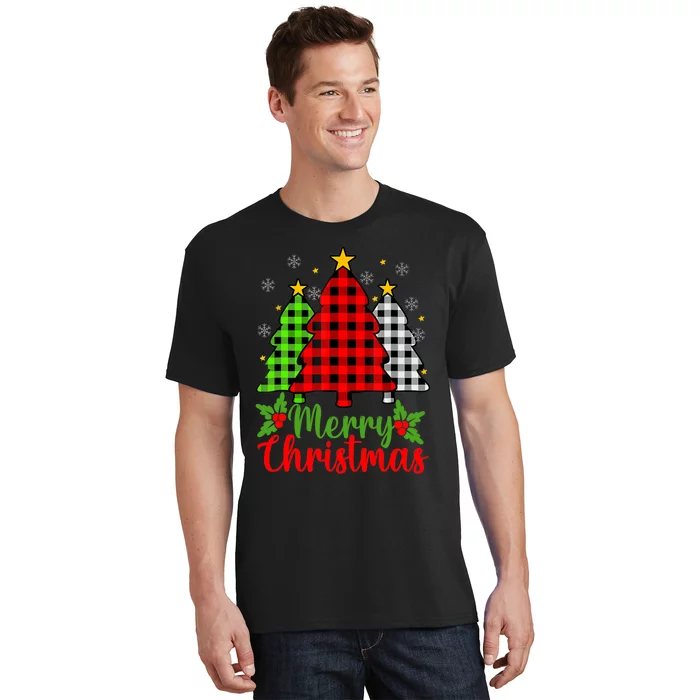 Merry Christmas Tree Buffalo Plaid Red White Green Cute Xmas T-Shirt