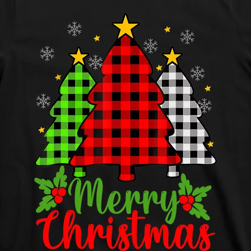 Merry Christmas Tree Buffalo Plaid Red White Green Cute Xmas T-Shirt