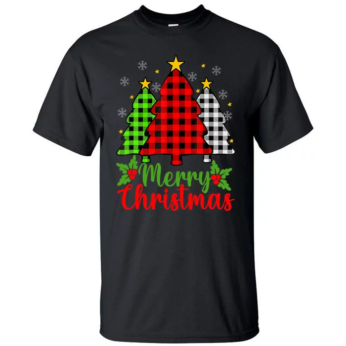 Merry Christmas Tree Buffalo Plaid Red White Green Cute Xmas Tall T-Shirt