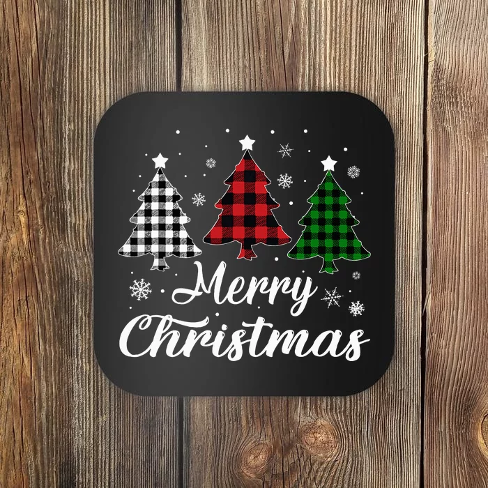 Merry Christmas Tree Xmas Buffalo Plaid Red White Green Coaster