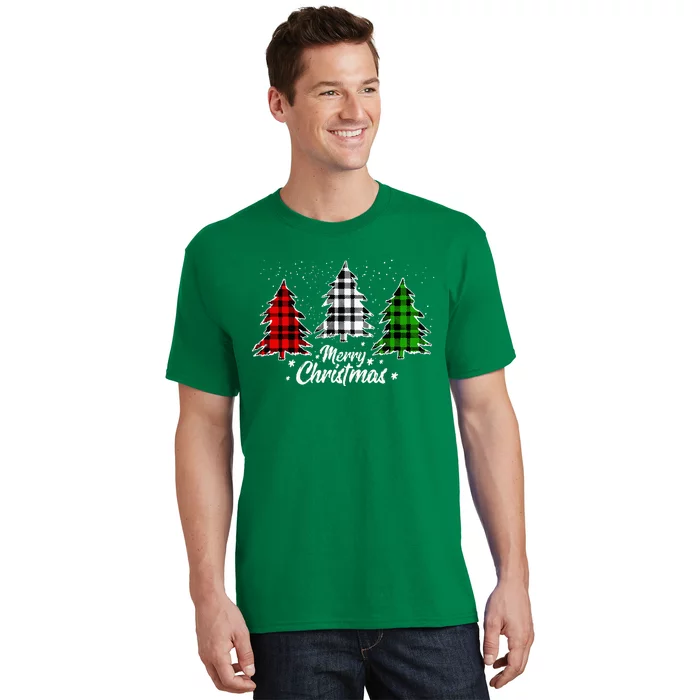 Merry Christmas Tree Xmas Buffalo Plaid Red White Green T-Shirt