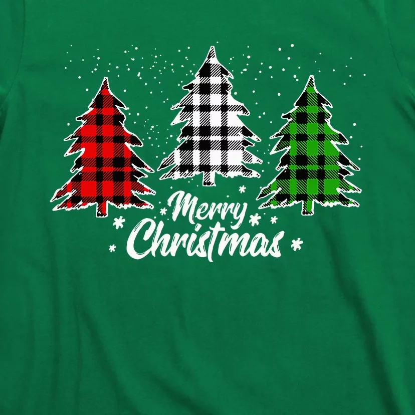 Merry Christmas Tree Xmas Buffalo Plaid Red White Green T-Shirt