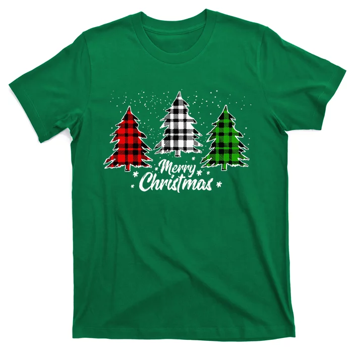 Merry Christmas Tree Xmas Buffalo Plaid Red White Green T-Shirt