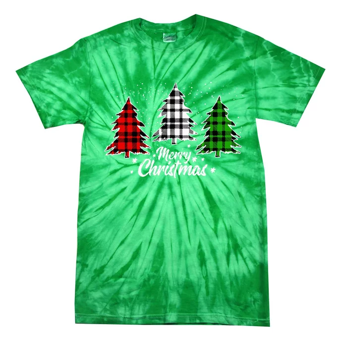 Merry Christmas Tree Xmas Buffalo Plaid Red White Green Tie-Dye T-Shirt