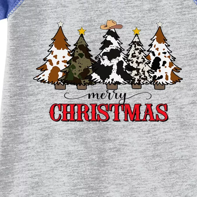 Merry Christmas Tree Western Cowhide Xmas Cowboy Farm Lover Infant Baby Jersey Bodysuit