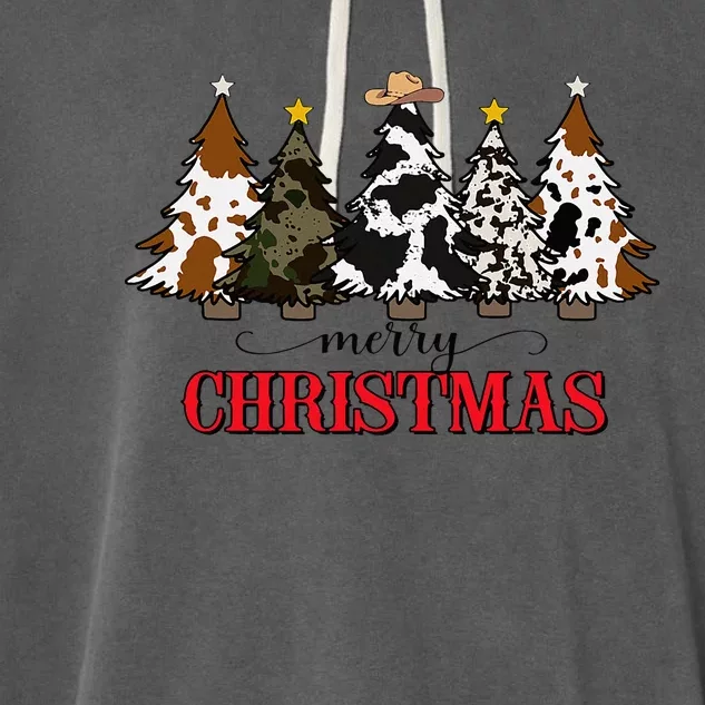 Merry Christmas Tree Western Cowhide Xmas Cowboy Farm Lover Garment-Dyed Fleece Hoodie