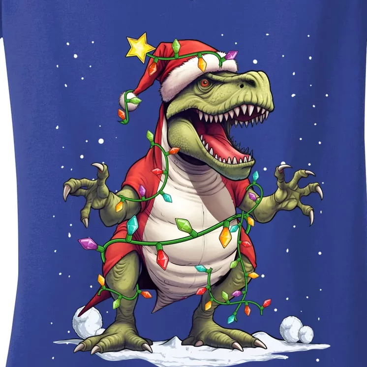 Merry Christmas Trex Snow Xmas Funny Tree Rex Xmas Lights Gift Women's V-Neck T-Shirt