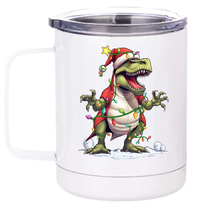 Merry Christmas Trex Snow Xmas Funny Tree Rex Xmas Lights Gift Front & Back 12oz Stainless Steel Tumbler Cup