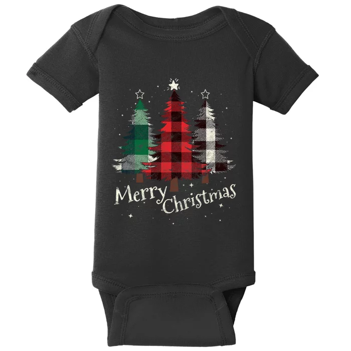 Merry Christmas Three Xmas Trees Buffalo Plaid Woman Gift Baby Bodysuit