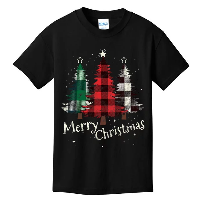 Merry Christmas Three Xmas Trees Buffalo Plaid Woman Gift Kids T-Shirt