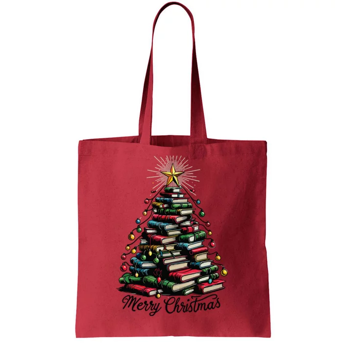 Merry Christmas Tree Love Reading Books Librarian Tote Bag