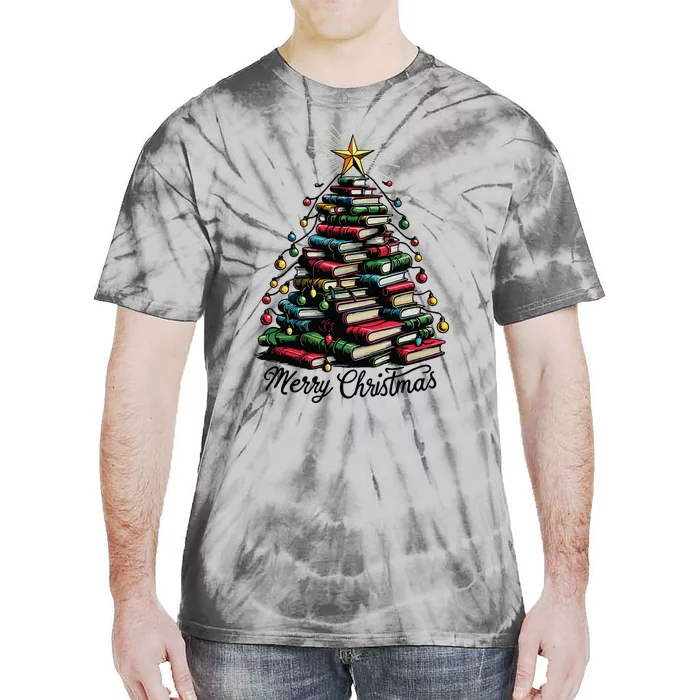 Merry Christmas Tree Love Reading Books Librarian Tie-Dye T-Shirt