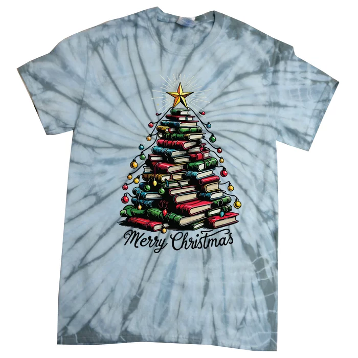 Merry Christmas Tree Love Reading Books Librarian Tie-Dye T-Shirt