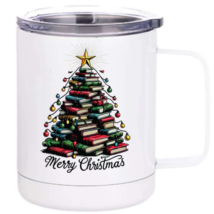 Merry Christmas Tree Love Reading Books Librarian Front & Back 12oz Stainless Steel Tumbler Cup