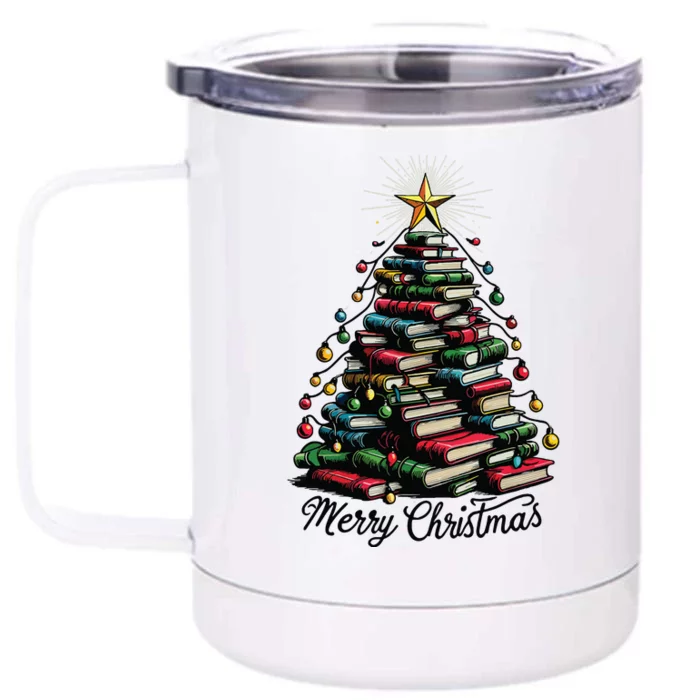 Merry Christmas Tree Love Reading Books Librarian Front & Back 12oz Stainless Steel Tumbler Cup