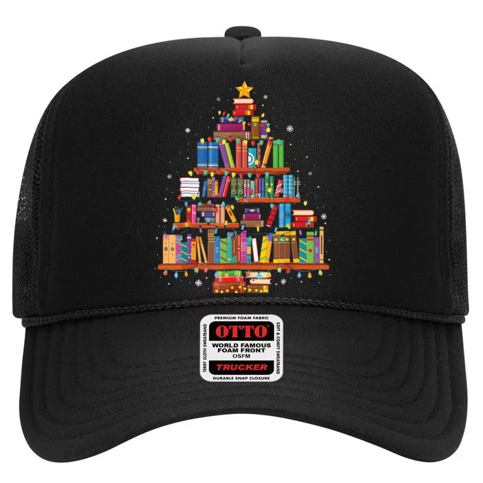 Merry Christmas Tree Reading Books Lover Librarian Nerd High Crown Mesh Trucker Hat