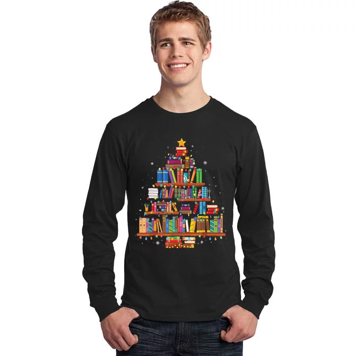 Merry Christmas Tree Reading Books Lover Librarian Nerd Tall Long Sleeve T-Shirt