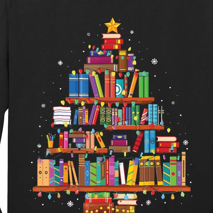 Merry Christmas Tree Reading Books Lover Librarian Nerd Tall Long Sleeve T-Shirt