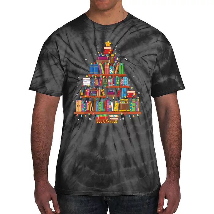 Merry Christmas Tree Reading Books Lover Librarian Nerd Tie-Dye T-Shirt