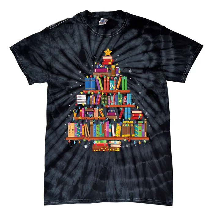 Merry Christmas Tree Reading Books Lover Librarian Nerd Tie-Dye T-Shirt