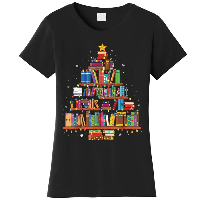 Merry Christmas Tree Reading Books Lover Librarian Nerd Women's T-Shirt