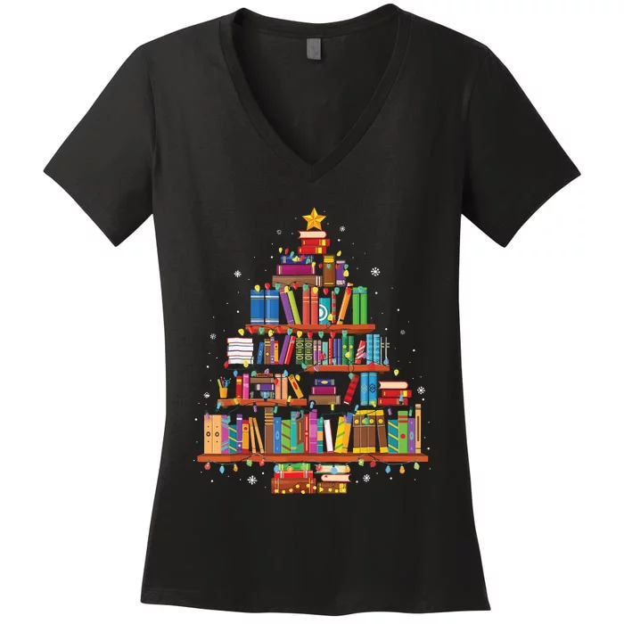 Merry Christmas Tree Reading Books Lover Librarian Nerd Women's V-Neck T-Shirt