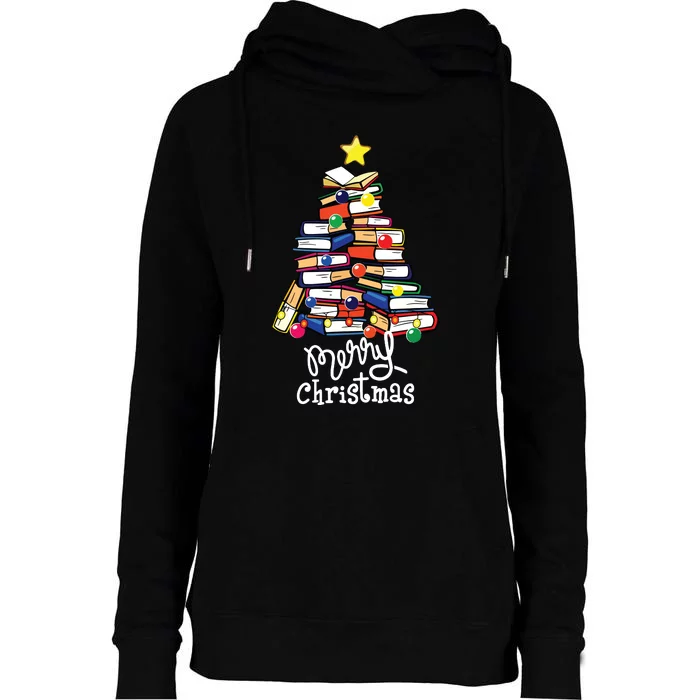 Merry Christmas Tree Shirts Love Reading Books Librarian Nerd Womens Funnel Neck Pullover Hood