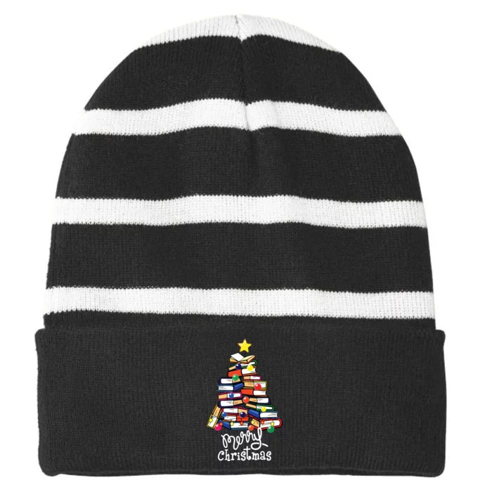 Merry Christmas Tree Shirts Love Reading Books Librarian Nerd Striped Beanie with Solid Band