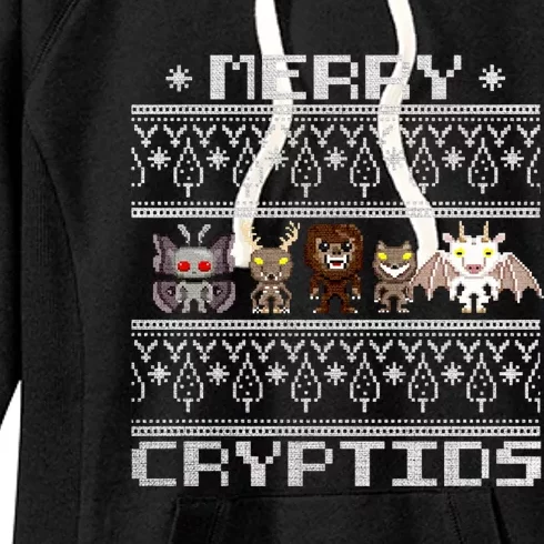 Merry Cryptids Ugly Christmas Bigfoot Mothman Wendigo Long Sleeve Women's Fleece Hoodie