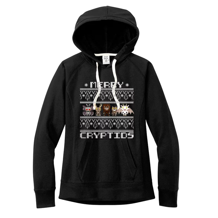 Merry Cryptids Ugly Christmas Bigfoot Mothman Wendigo Long Sleeve Women's Fleece Hoodie