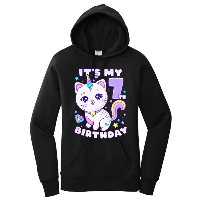 Magical Cat Unicorn Birthday Party for 7YearOld Women's Pullover Hoodie