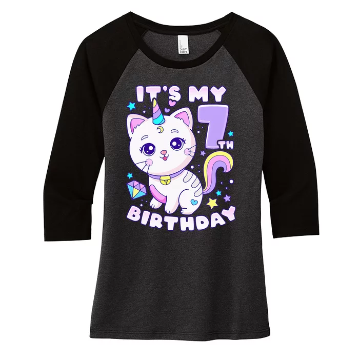 Magical Cat Unicorn Birthday Party for 7YearOld Women's Tri-Blend 3/4-Sleeve Raglan Shirt