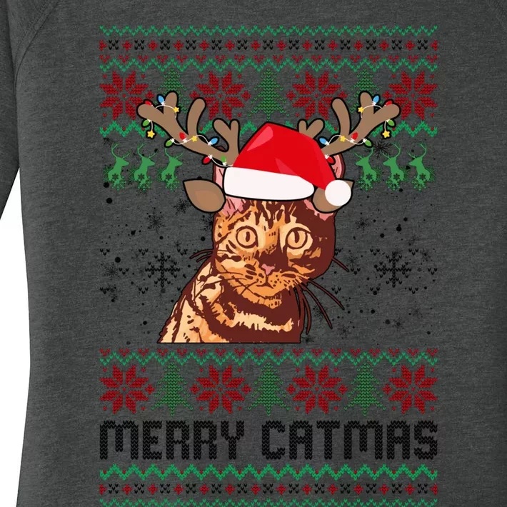 Merry Catmas Ugly Christmas Bengal Cat Xmas Party Women's Perfect Tri Tunic Long Sleeve Shirt