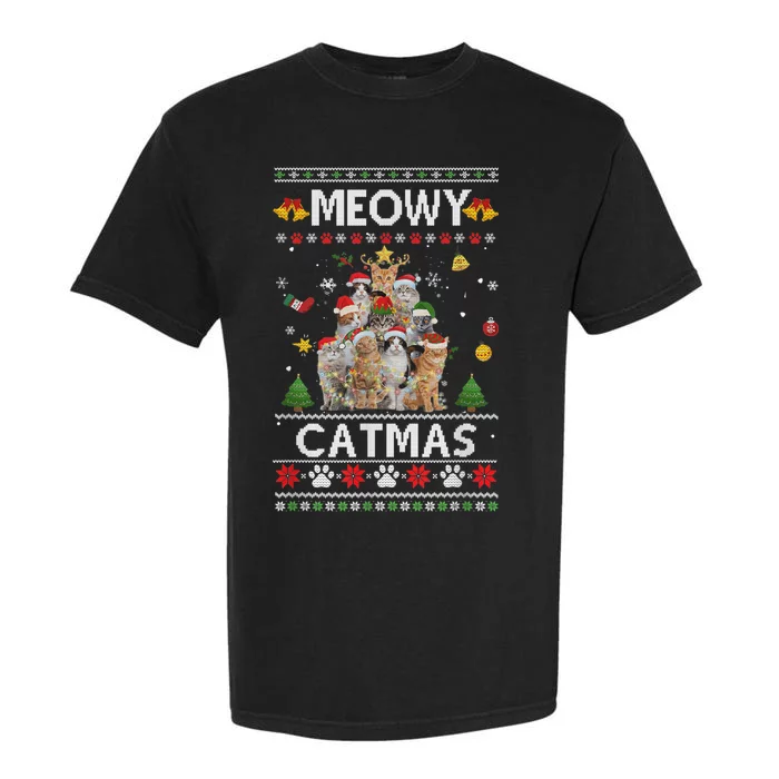 Meowy Catmas Ugly Christmas Tree Funny Xmas Cat Garment-Dyed Heavyweight T-Shirt