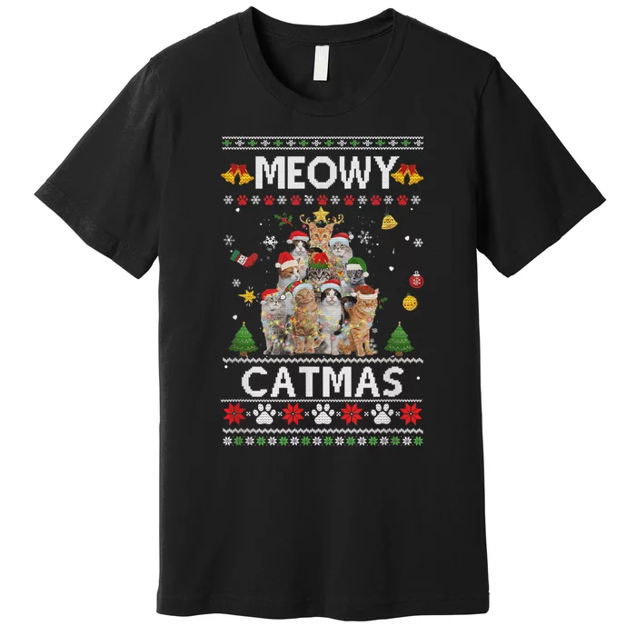 Meowy Catmas Ugly Christmas Tree Funny Xmas Cat Premium T-Shirt