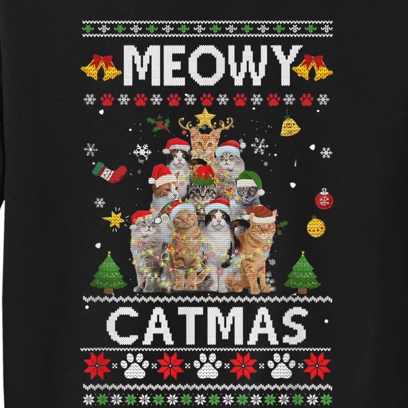 Meowy Catmas Ugly Christmas Tree Funny Xmas Cat Tall Sweatshirt