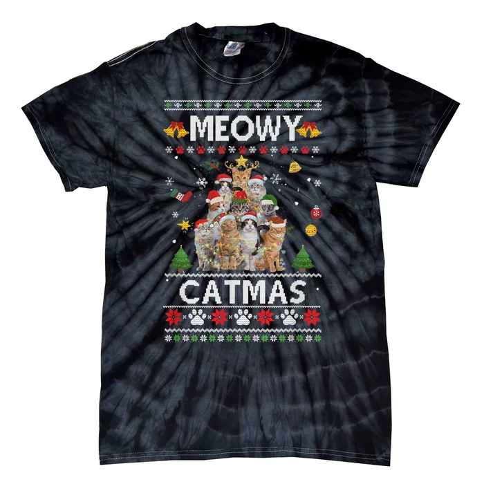 Meowy Catmas Ugly Christmas Tree Funny Xmas Cat Tie-Dye T-Shirt