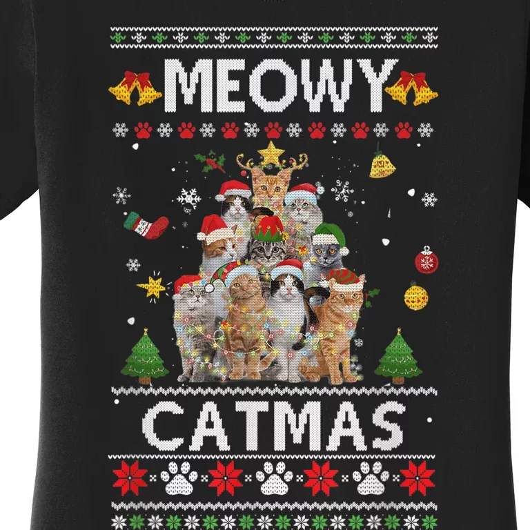 Meowy Catmas Ugly Christmas Tree Funny Xmas Cat Women's T-Shirt