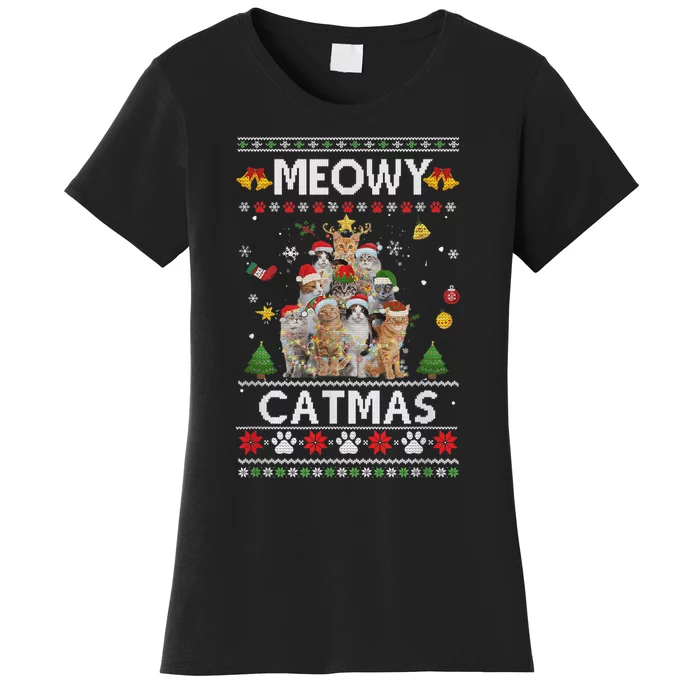 Meowy Catmas Ugly Christmas Tree Funny Xmas Cat Women's T-Shirt