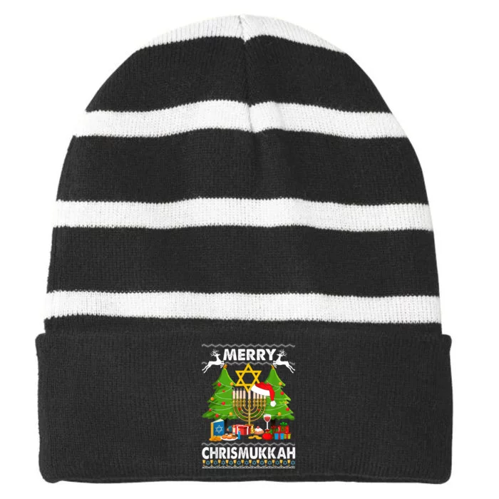 Merry Christmukkah Ugly Jewish Xmas Christmas Hanukkah Striped Beanie with Solid Band