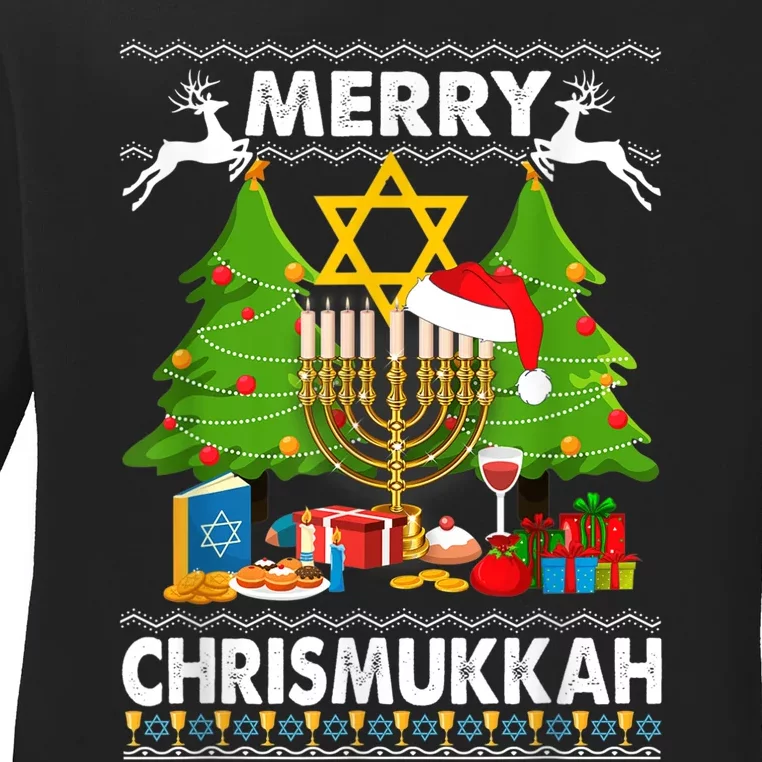 Merry Christmukkah Ugly Jewish Xmas Christmas Hanukkah Ladies Long Sleeve Shirt