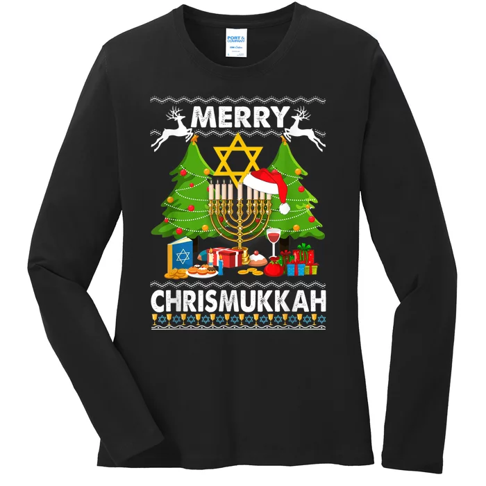 Merry Christmukkah Ugly Jewish Xmas Christmas Hanukkah Ladies Long Sleeve Shirt