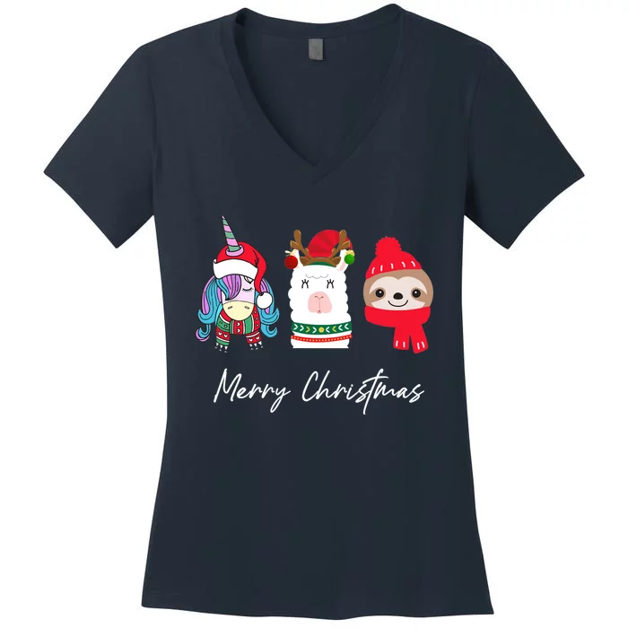 Merry Christmas Unicorn Llama Sloth Funny Wo Girl Gifts Women's V-Neck T-Shirt