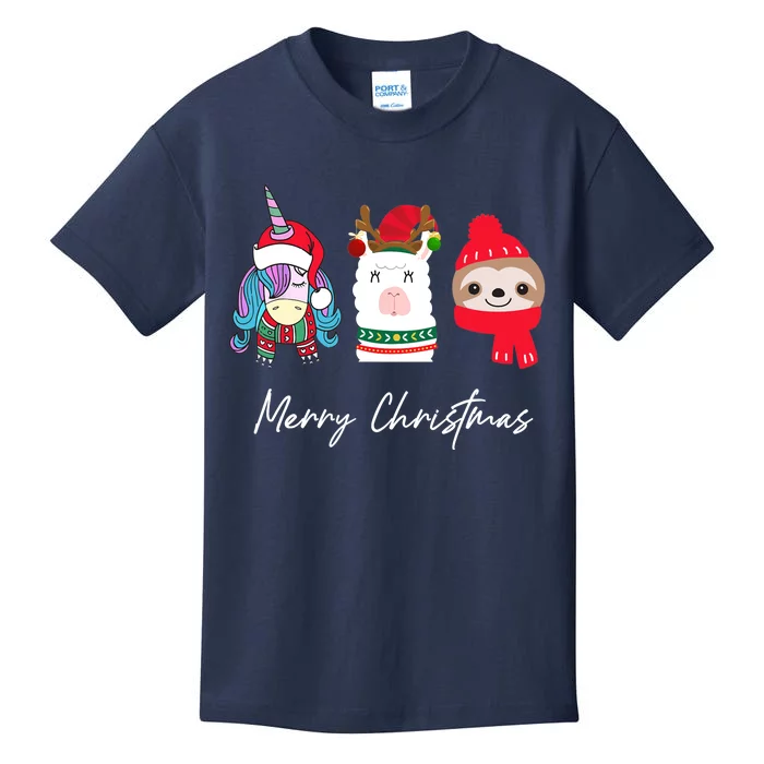 Merry Christmas Unicorn Llama Sloth Funny Wo Girl Gifts Kids T-Shirt