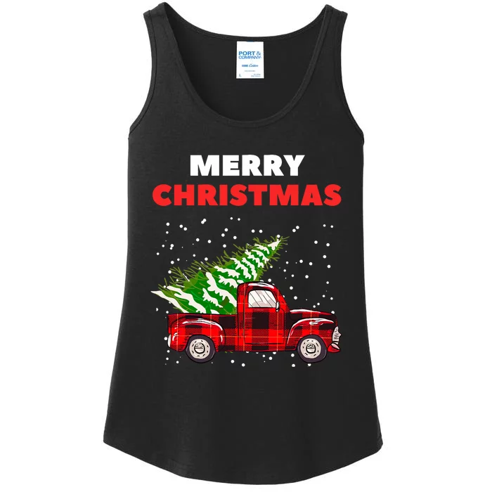 Merry Christmas Vintage Red Truck With Tree Family Matching Ladies Essential Tank