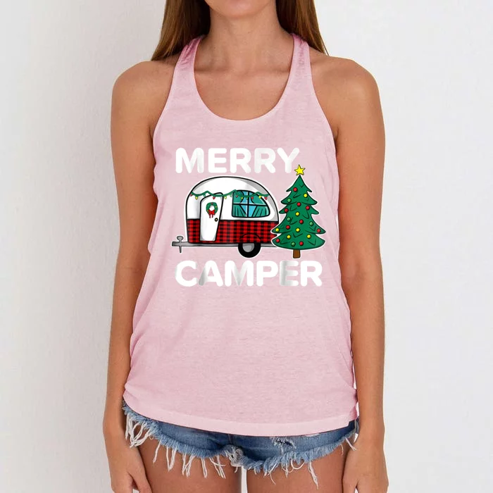 Merry Campers Vintage Campers Christmas Tree Camping Gift Women's Knotted Racerback Tank