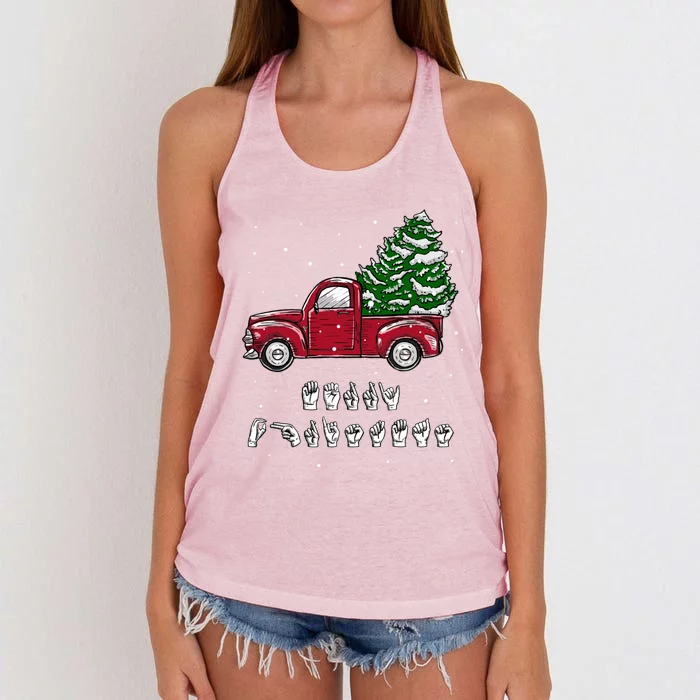 Merry Christmas Vintage Truck Hand Sign Language Xmas Tree Gift Women's Knotted Racerback Tank